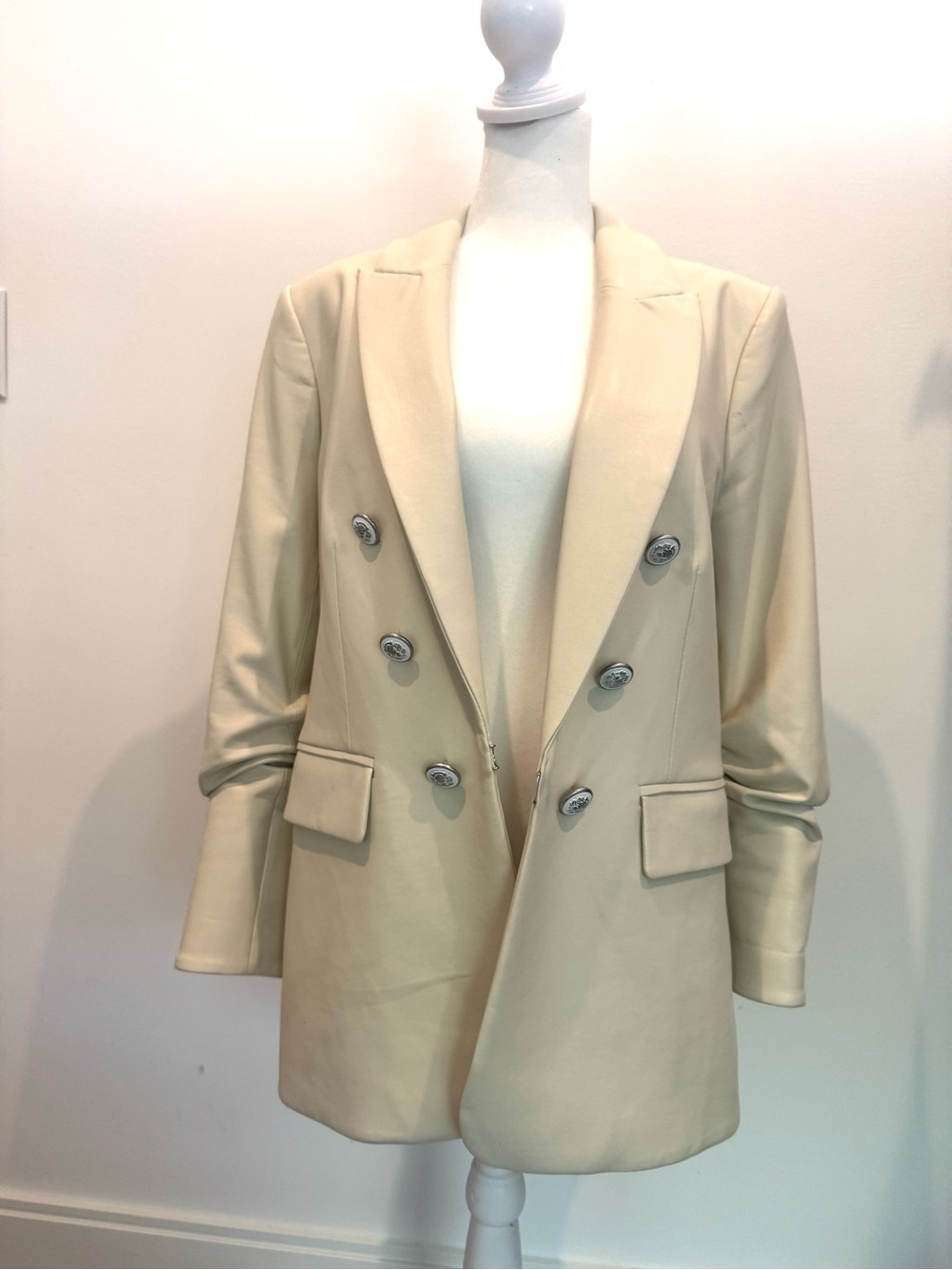 Veronica Beard Cream Double-Breasted Faux Leather Blazer